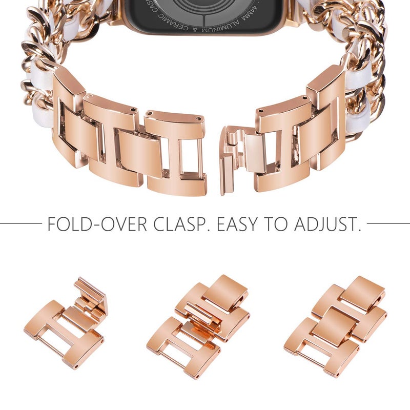 NewWays for Apple Watch Band Series 10 46mm 45mm 44mm 42mm Series3 4 5 6 7 8 9 Ultra 49mm, Jewelry Bracelet for iWatch Band for Women, Rose Gold Link with White Leather - Image 3